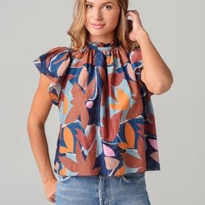 Trovata Birds Of Paradise Carla Highneck Flutter Sleeve Silk Floral Blouse Sz M